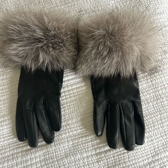 Jonevon Ltd Women’s Black Lambskin Leather Cashmere Lined Gloves Fur Trim 8 1/2 - Picture 2 of 6